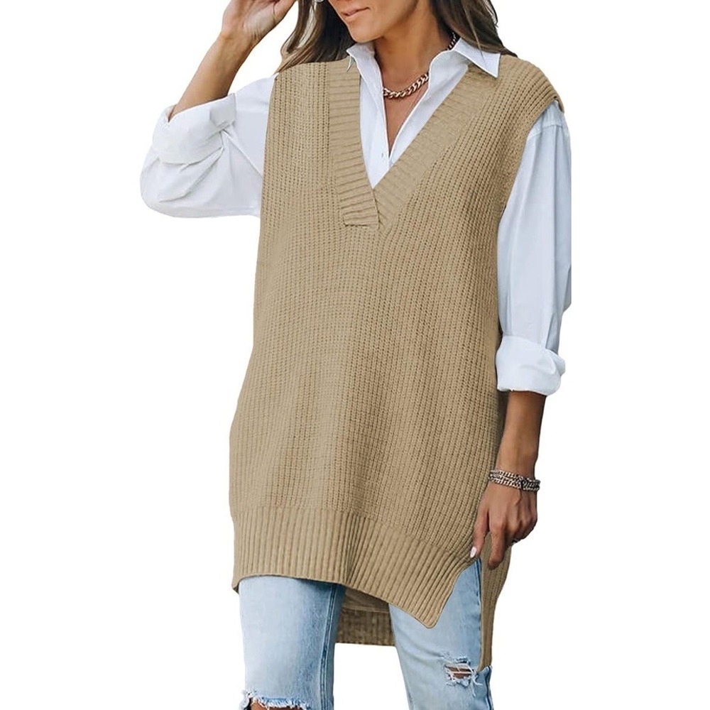 Sweater Vest Oversized Pullover Sleeveless Tunic Women's Small Khaki Beige Knit‎